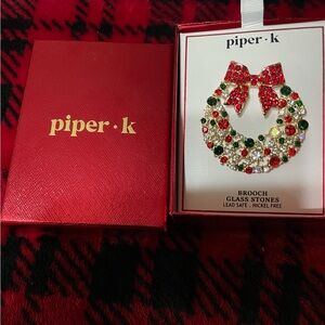 Piper K Festive Wreath Brooch with Red and Green Accents